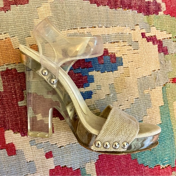 PRADA SP10 Clear PVC Platform Heels Beige Burlap Raffia Strap, sz 38.5 - Picture 3 of 13
